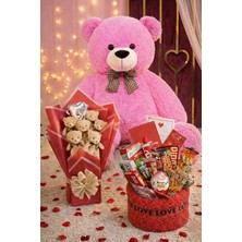Sole Sevgililer Günü Hediye Seti Sevgiliye Kıza 90 cm Peluş Ayı, Ayıcık Buketi & Çikolata Sepeti Hediyesi