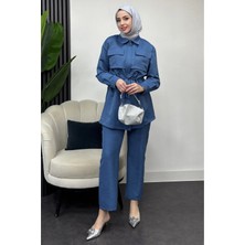 Tesettür Diyarı Çift Cepli Fermuarlı Keten Ikili Tesettür Takım- Indigo