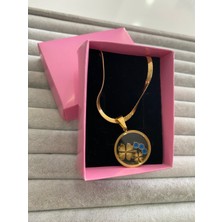 Pink Yonca ve Nazar Boncuklu Cam Içinde Çelik Kolye