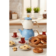 PremiumPort Mavi Ahşap Kulplu Nostaljik Çaydanlık Takımı, Şık ve Kullanışlı Tasarım