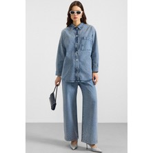 Olcay Taş Bezeli Ceket Pantolon Denim Ikili Takım Açık Mavi 9387-TK