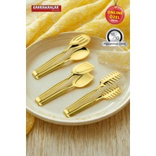 UltraMint Demre 3'lü Gold Çelik Izgara Salata ve Krep Maşa Seti