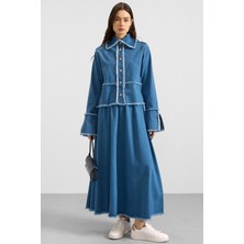 Olcay Püskül Detaylı Etek Ceket Denim Ikili Takım Mavi 9394-TK