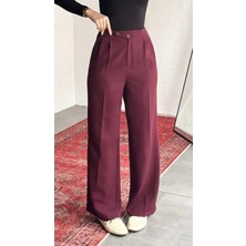 Asfa Moda Kadın Vişne Yüksek Bel Pileli Bol Paça Beli Lastikli Kore Model Kumaş Pantolon