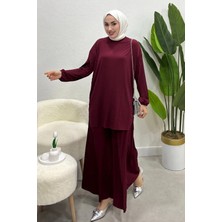 Tesettür Diyarı Yazlık Ince Sendy Kumaş Piliseli Tunik Pantolon Tesettür Takım- Bordo Standart Beden (38-44 Uyumludur)