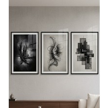 Safir Design Lüks Siyah ve Gri Dikey Çizgili Geometri 3lü Modern Çerçeveli Tablo Seti