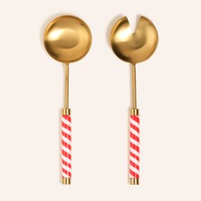 UltraMint Şık Pirinç Salata Kaşık Seti, 8'li, 29X2 Cm, Altın ve Kırmızı Detaylı