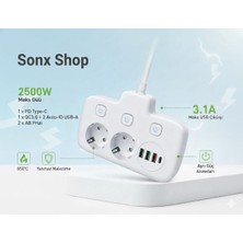 Sylar 2500W Güçlü Akım Korumalı 3 USB + Type-C Portlu Çoklu Priz | Hızlı Şarj, Çocuk Kilidi, 850°C Yanmaz Malzeme