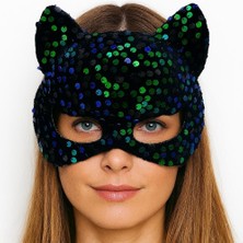 İlk El Grup Ieg™ Siyah Kadife Kumaş Üzerine Mavi Yeşil Payetli Pullu Parti Maskesi 16X14 cm