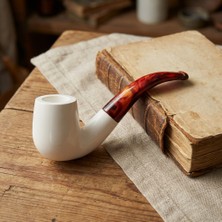 Goldenlight Meerschaum El Oyma Lületaşı Pipo 9mm Filtre Uyumlu, Düz Parlak Gövde, Kehribar Akrilik Ağızlık Kutulu