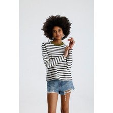 Rose Arya Yeşil Yaka Gri Çizgili Uzun Kol Tshirt