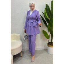 Tesettür Diyarı Yazlık Kumaş Beli Kuşak Detaylı Alt Üst Tesettür Takım- Lila