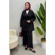 Tesettür Diyarı Yazlık Kumaş Beli Kuşak Detaylı Alt Üst Tesettür Takım- Siyah