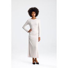 Rose Arya Taş Uzun Kol Yanı Büzgülü Uzun Elbise