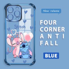 Ucuc iPhone 14 Pro Max Uyumlu Şeffaf Silikon Köşe Koruma Lens Korumalı Elektroplatlı Kenar Kılıf Sevimli Stitch