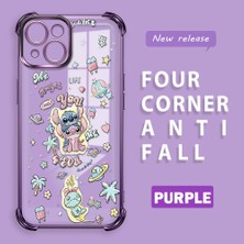 Ucuc iPhone 15 Uyumlu Şeffaf Silikon Köşe Koruma Lens Korumalı Elektroplatlı Kenar Kılıf Sevimli Stitch