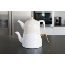 PremiumPort Şık Porselen Üst Demlik ve Beyaz Emaye Alt Çaydanlık Seti