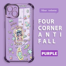 Ucuc iPhone 14 Plus Uyumlu Şeffaf Silikon Köşe Koruma Lens Korumalı Elektroplatlı Kenar Kılıf Sevimli Stitch