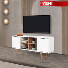 EVMO Home 3318 Sina Tv Ünitesi 130 cm ( Ahşap Ayaklı , Metal Kulplu ) Beyaz - Söğüt