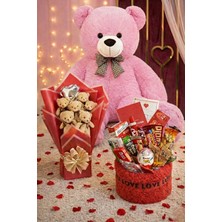 Sole Sevgililer Günü Hediye Seti Sevgiliye Kıza 90 cm Peluş Ayı, Ayıcık Buketi & Çikolata Sepeti Hediyesi