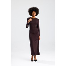 Rose Arya Kahve Uzun Kol Yanı Büzgülü Uzun Elbise