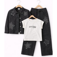 Bambino Yıldız Detaylı Kız Çocuk Kot Ceketli Üçlü Takım