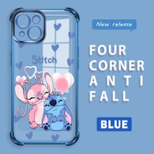 Ucuc iPhone 15 Uyumlu Şeffaf Silikon Köşe Koruma Lens Korumalı Elektroplatlı Kenar Kılıf Sevimli Stitch