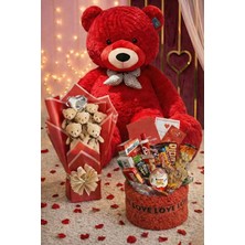 Sole Sevgililer Günü Hediye Seti Sevgiliye Kıza 90 cm Peluş Ayı, Ayıcık Buketi & Çikolata Sepeti Hediyesi