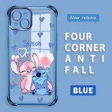 Ucuc iPhone 15 Plus Uyumlu Şeffaf Silikon Köşe Koruma Lens Korumalı Elektroplatlı Kenar Kılıf Sevimli Stitch