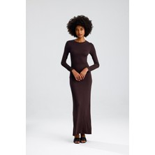 Rose Arya Kahve Uzun Kol Düz Uzun Elbise