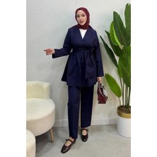 Tesettür Diyarı Yazlık Kumaş Beli Kuşak Detaylı Alt Üst Tesettür Takım- Lacivert