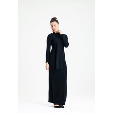 Rose Arya Siyah Yakadan Atkılı Uzun Kol Elbise