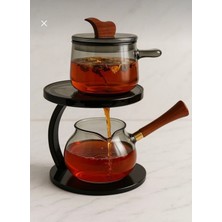 PremiumPort Borosilikat Cam Demlik Seti Çaydanlık Döndür Akıt Sistemli Akasya Kulplu