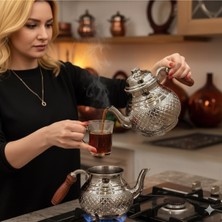 PremiumPort El Yapımı Bakır Çaydanlık ve Demlik, Piramit Desenli, Büyük Boy