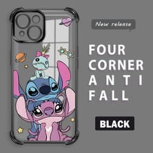 Ucuc iPhone 15 Uyumlu Şeffaf Silikon Köşe Koruma Lens Korumalı Elektroplatlı Kenar Kılıf Sevimli Stitch