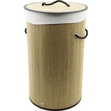 MERİVİA Yuvarlak Hasır - Ahşap Kirli Çamaşır Sepeti 37X60CM Seyyar Kapaklı Içi Bezli Ip Kulplu (5405)