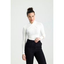 Rose Arya Beyaz Yaka Drapeli Uzun Kol Badi