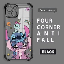 Ucuc iPhone 13 Uyumlu Şeffaf Silikon Köşe Koruma Lens Korumalı Elektroplatlı Kenar Kılıf Sevimli Stitch