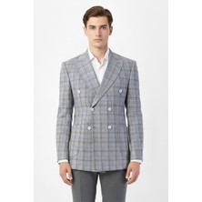 Sabri Özel Giotelli Erkek Gri Normal Kesim Regular Fit Viskon Ekose Fleto Kapaklı Cep Çift Yırtmaçlı Tam Astarlı Sivri Yaka 6 Drop Kruvaze Casual Ceket