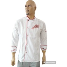 Beyaz Kırmızı Biyeli Kısa Kol Aşçı Ceketi