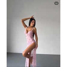 Orıella Dantel Detaylı Yırtmaçlı Pembe Uzun Gecelik