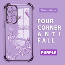 Ucuc Samsung Galaxy A32 Uyumlu Şeffaf Silikon Köşe Koruma Lens Korumalı Elektroplatlı Kenar Kılıf Kelebek Desenli