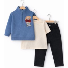 Bambino Ayıcık Nakışlı Sweatshirtlü Pantolonlu Tişörtlü 3’lü Erkek Takımı