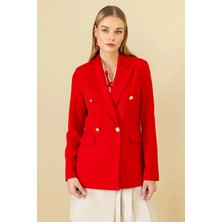 Ekol Kadın Kapak Cepli Kruvaze Yaka Kırmızı Ceket 04006