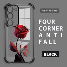 Ucuc Samsung Galaxy S23 Uyumlu Şeffaf Silikon Köşe Koruma Lens Korumalı Elektroplatlı Kenar Kılıf Kırmızı Gül Desenli