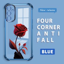 Ucuc Samsung Galaxy A14 Uyumlu Şeffaf Silikon Köşe Koruma Lens Korumalı Elektroplatlı Kenar Kılıf Kırmızı Gül Desenli