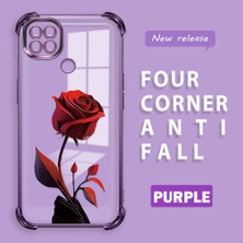 Ucuc Redmi 9c Uyumlu Şeffaf Silikon Köşe Koruma Lens Korumalı Elektroplatlı Kenar Kılıf Kırmızı Gül Desenli