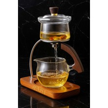 PremiumPort Borosilikat Cam Manyetik Demlik, Ahşap Standlı, Süzgeçli ve Otomatik Çay Demliği