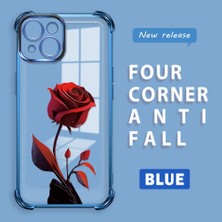 Ucuc iPhone 15 Uyumlu Şeffaf Silikon Köşe Koruma Lens Korumalı Elektroplatlı Kenar Kılıf Kırmızı Gül Desenli