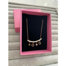 Pink Yonca Detaylı Sıralı Çelik Kolye Gold Rose